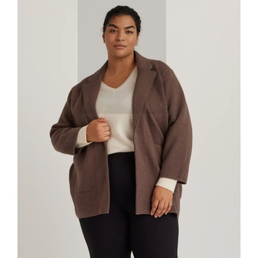 QUINCE Organic Cotton Knit Blazer Cardigan Open Front Heather Brown Sz L